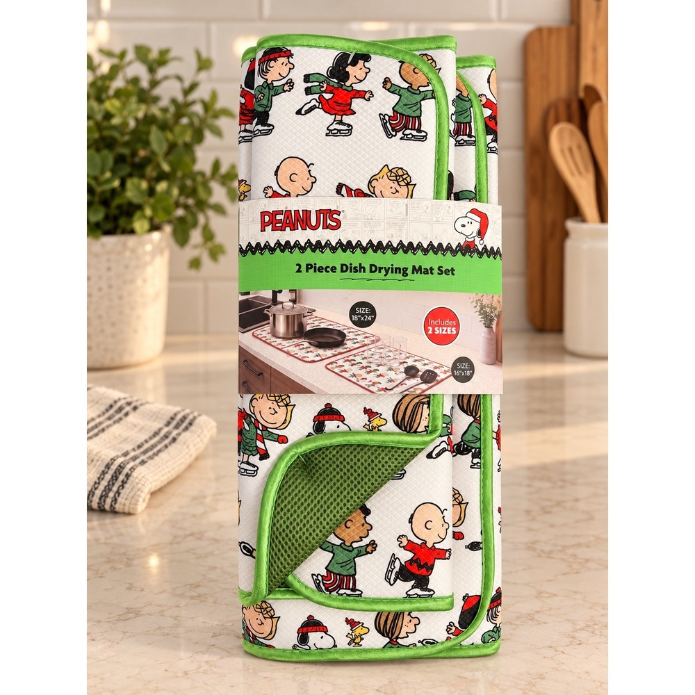 Peanuts Charlie Brown Christmas Ice Skating 2 Piece Dish Drying Mat Set New